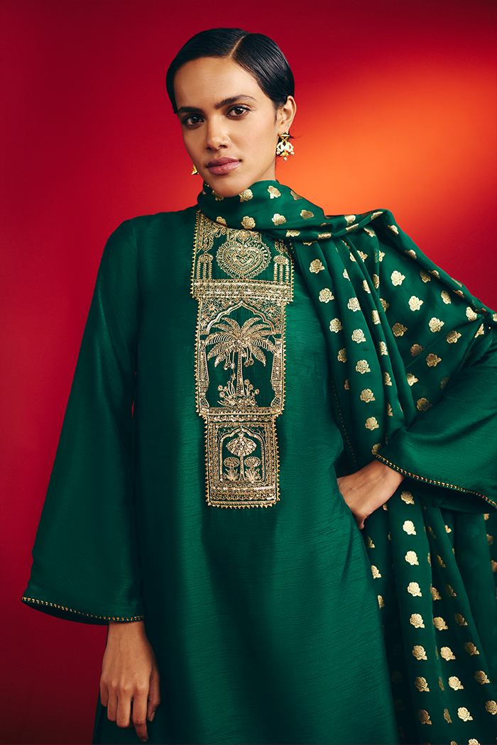 Bottle Green Rose Blush Kurta Set