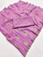 An Elegant Pink Chiffon Saree Adorned with Delicate Leaf Embellishments