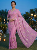 An Elegant Pink Chiffon Saree Adorned with Delicate Leaf Embellishments