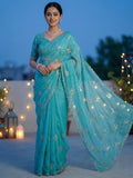 An Elegant Turquoise Chiffon Saree Adorned with Delicate Leaf Embellishments
