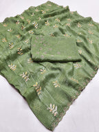 An Elegant Green Chiffon Saree Adorned with Delicate Leaf Embellishments
