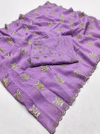 An Elegant Purple Chiffon Saree Adorned with Delicate Leaf Embellishments