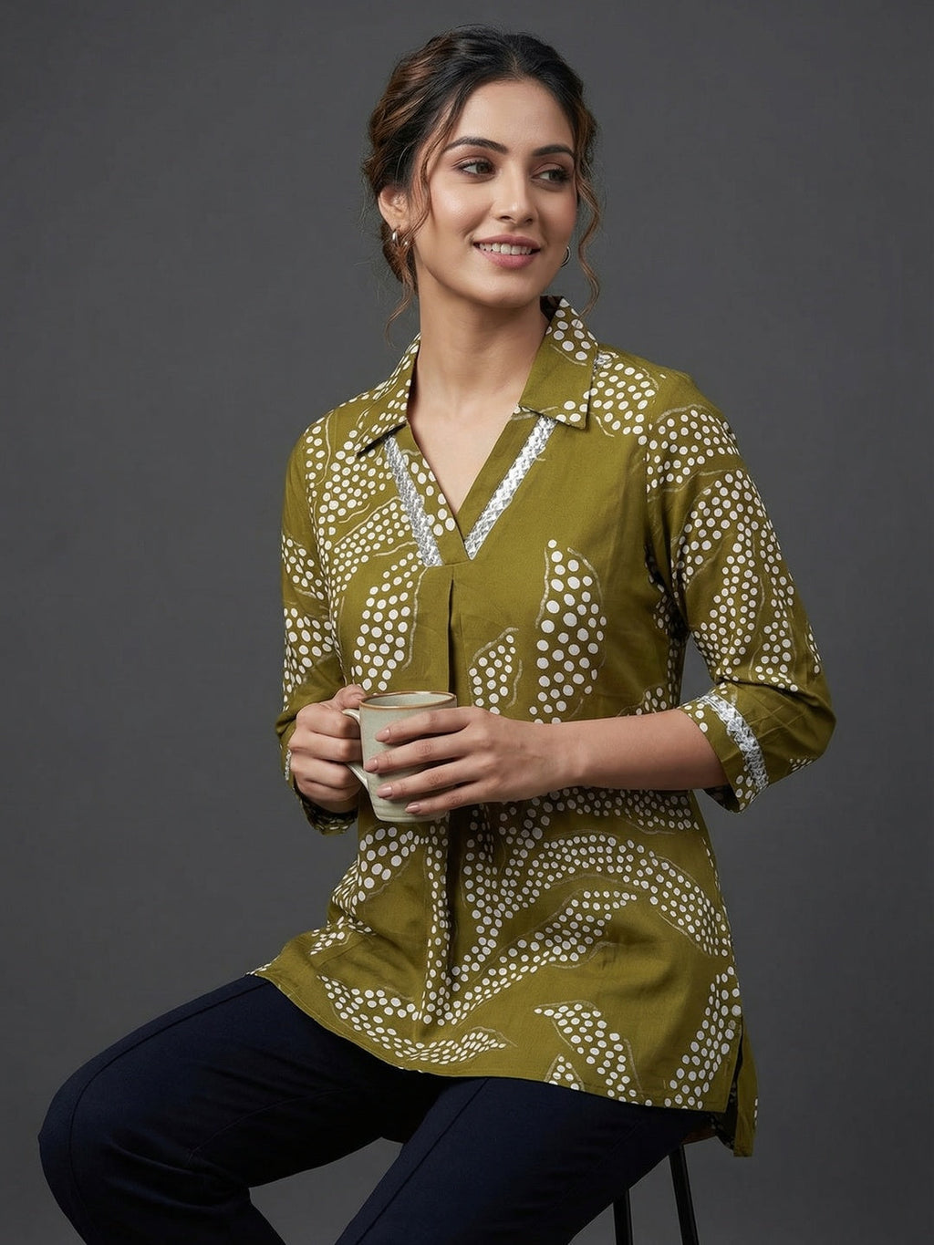 Green Rayon Top with White Print and Silver Detailing