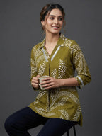 Green Rayon Top with White Print and Silver Detailing