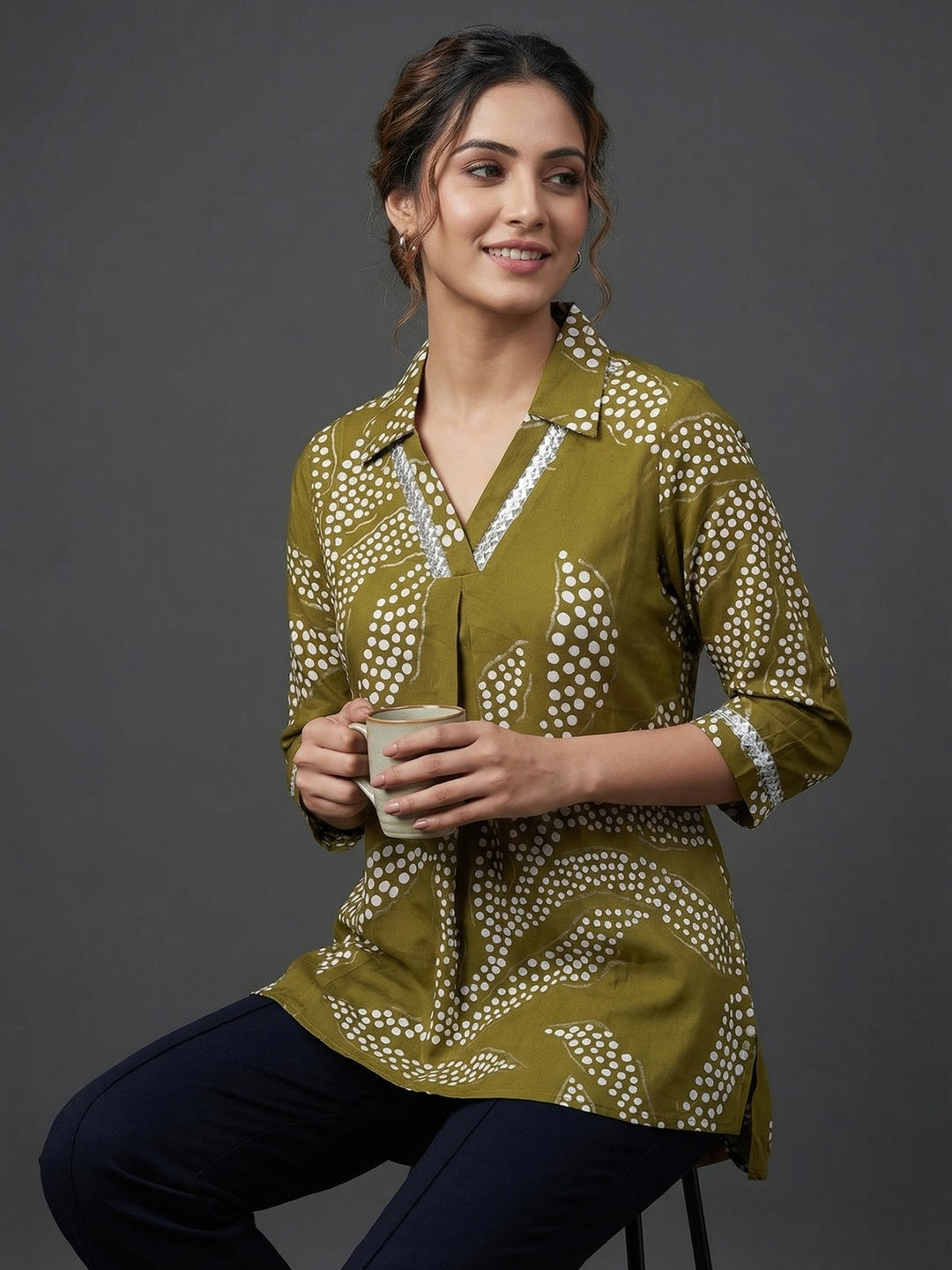 Green Rayon Top with White Print and Silver Detailing
