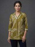 Green Rayon Top with White Print and Silver Detailing