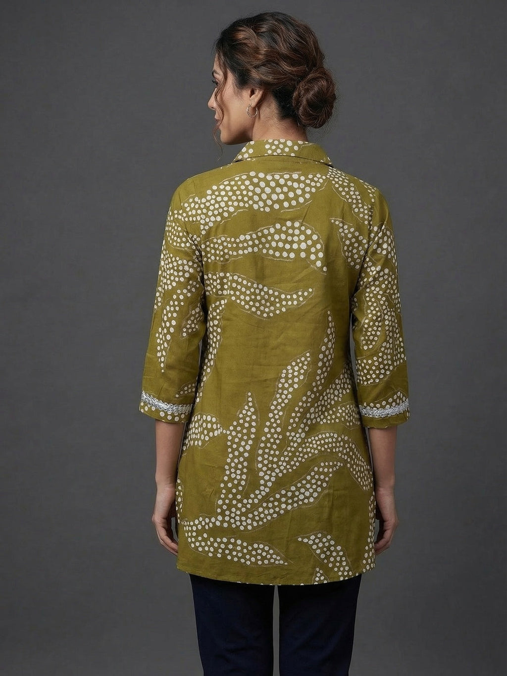 Green Rayon Top with White Print and Silver Detailing