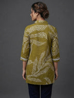 Green Rayon Top with White Print and Silver Detailing