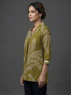 Green Rayon Top with White Print and Silver Detailing