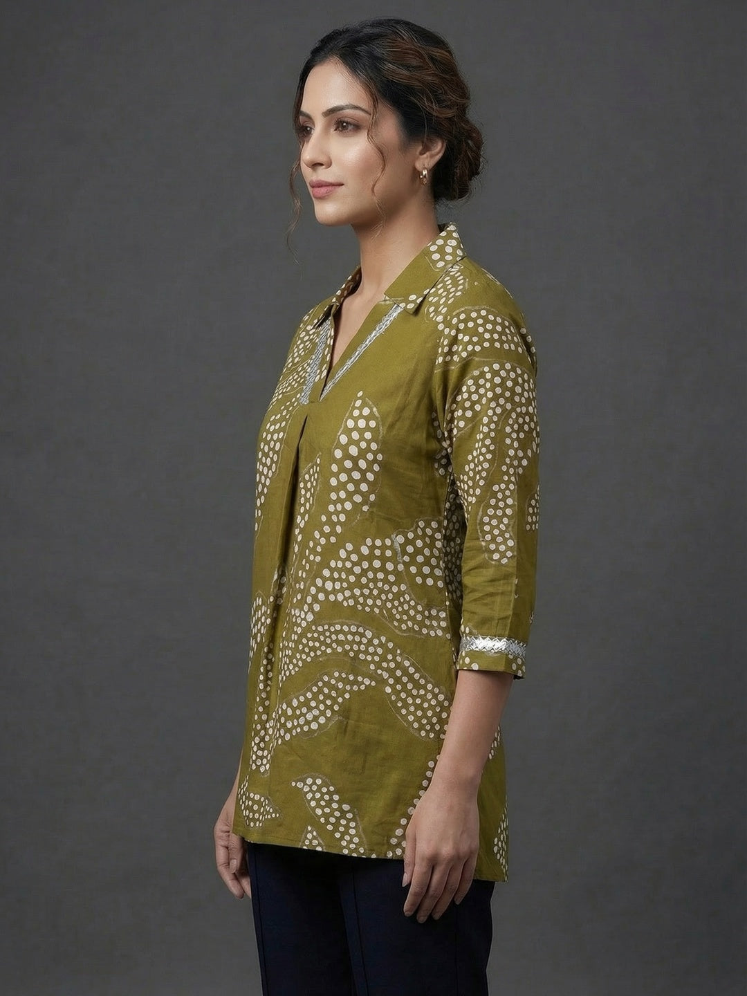 Green Rayon Top with White Print and Silver Detailing
