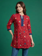 Red Bandhani Printed Rayon A-Line Top with Mandarin Collar