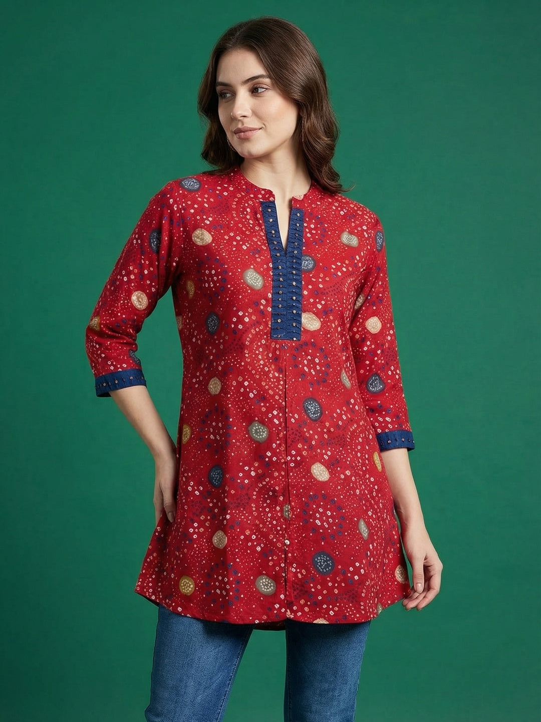 Red Bandhani Printed Rayon A-Line Top with Mandarin Collar