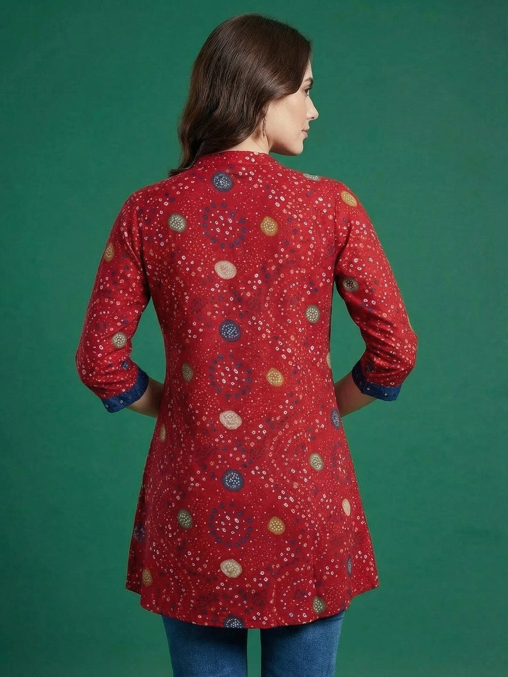 Red Bandhani Printed Rayon A-Line Top with Mandarin Collar
