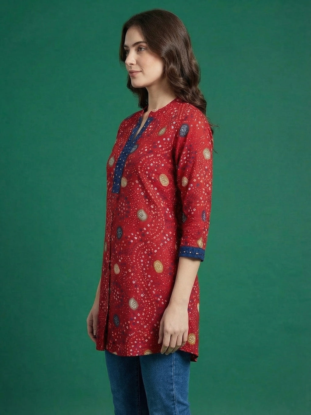 Red Bandhani Printed Rayon A-Line Top with Mandarin Collar