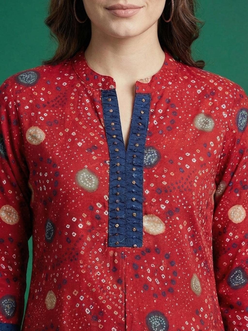 Red Bandhani Printed Rayon A-Line Top with Mandarin Collar