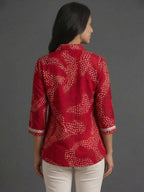 Pink Rayon Top with White Print and Silver Detailing
