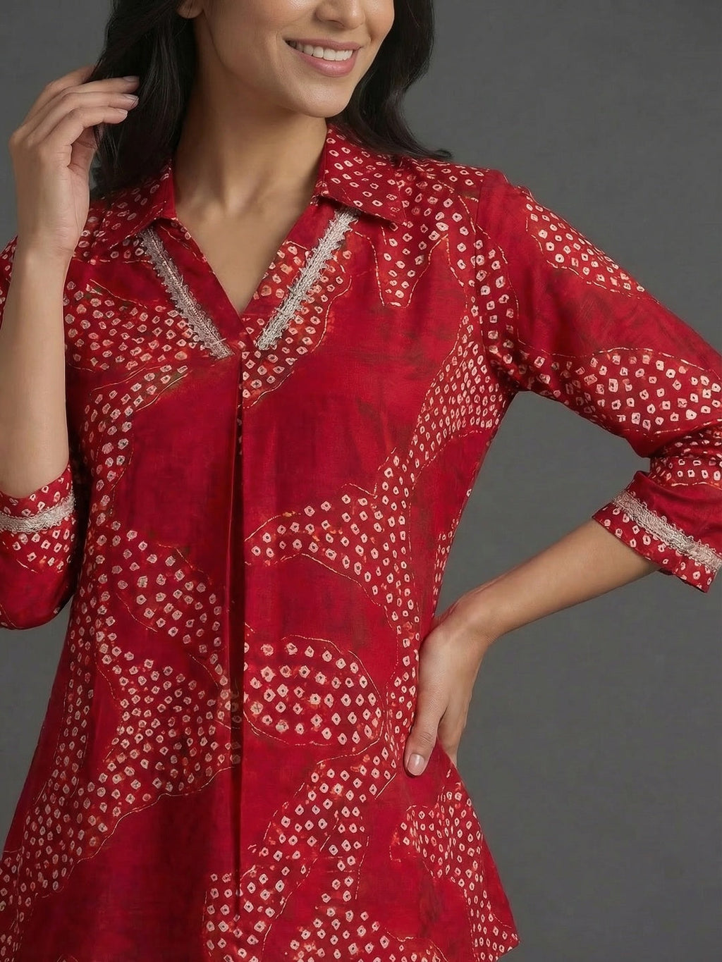Pink Rayon Top with White Print and Silver Detailing