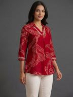 Pink Rayon Top with White Print and Silver Detailing