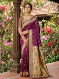 Wine Silk Blend Saree with Peacock Zari Work In Paithani Style