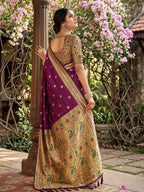 Wine Silk Blend Saree with Peacock Zari Work In Paithani Style