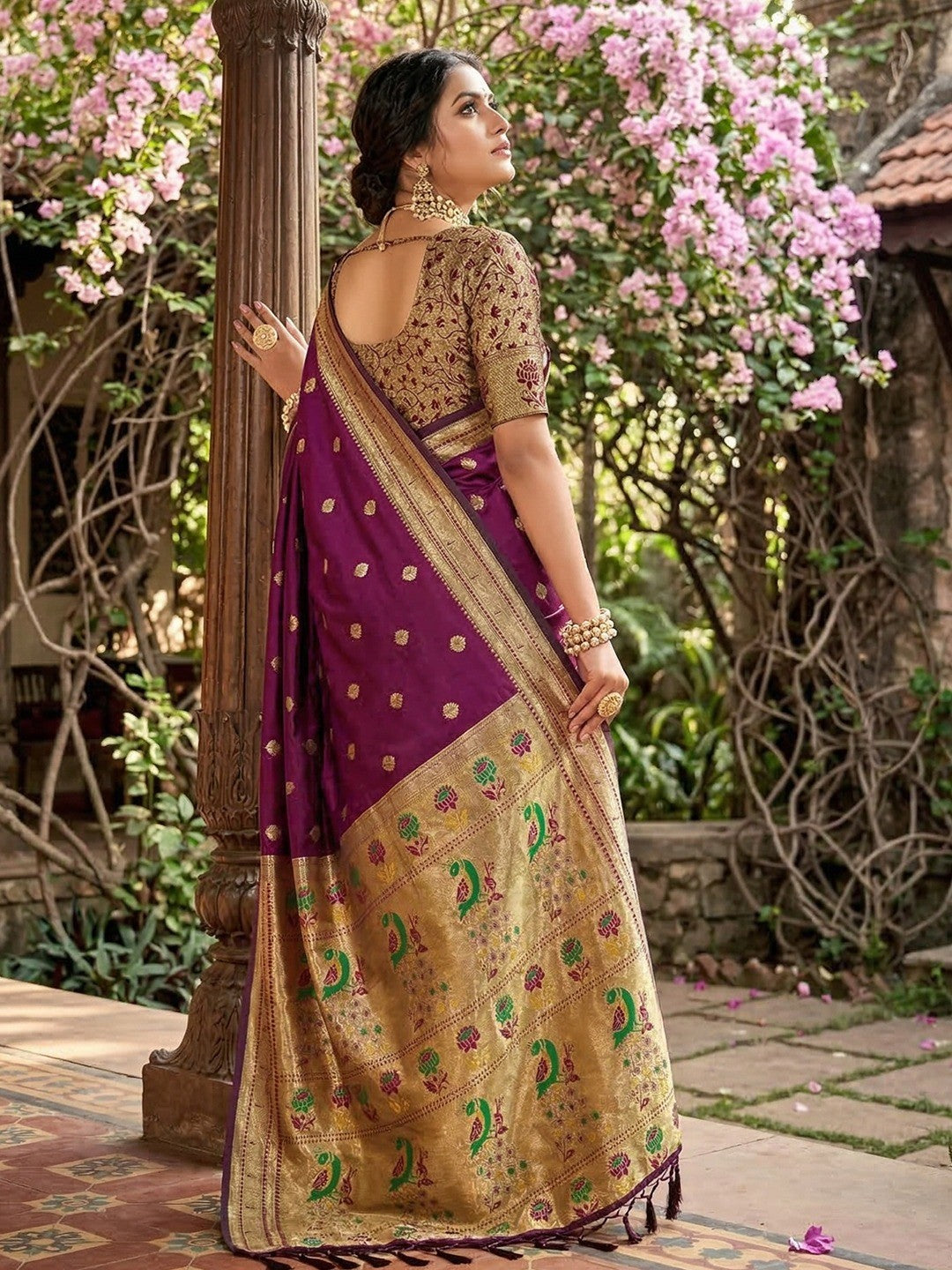 Wine Silk Blend Saree with Peacock Zari Work In Paithani Style