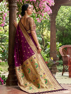 Wine Silk Blend Saree with Peacock Zari Work In Paithani Style