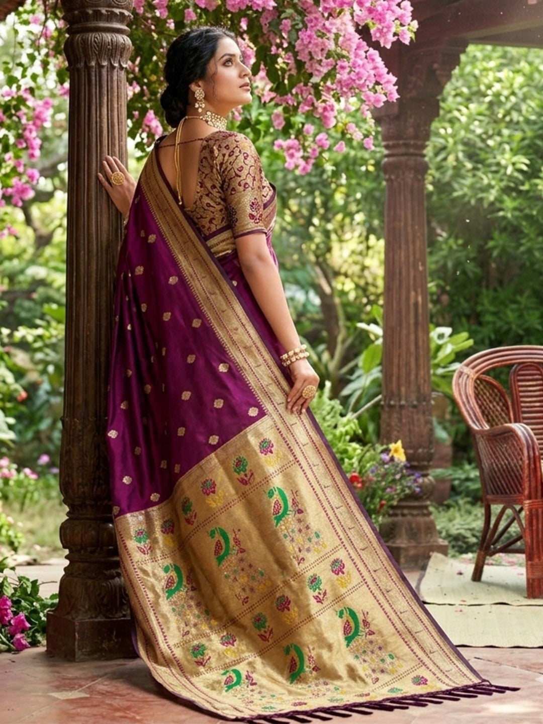 Wine Silk Blend Saree with Peacock Zari Work In Paithani Style
