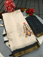 Cream Linen Saree with Ikkat Print and Striped Pallu
