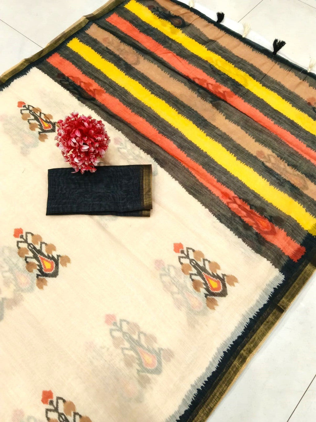 Cream Linen Saree with Ikkat Print and Striped Pallu