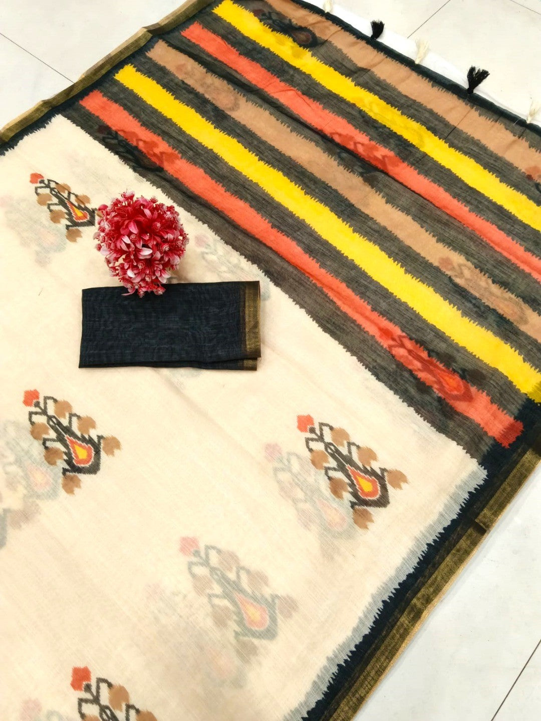 Cream Linen Saree with Ikkat Print and Striped Pallu