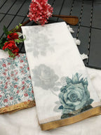 Elegant White Linen Saree with Floral Print and Golden Border