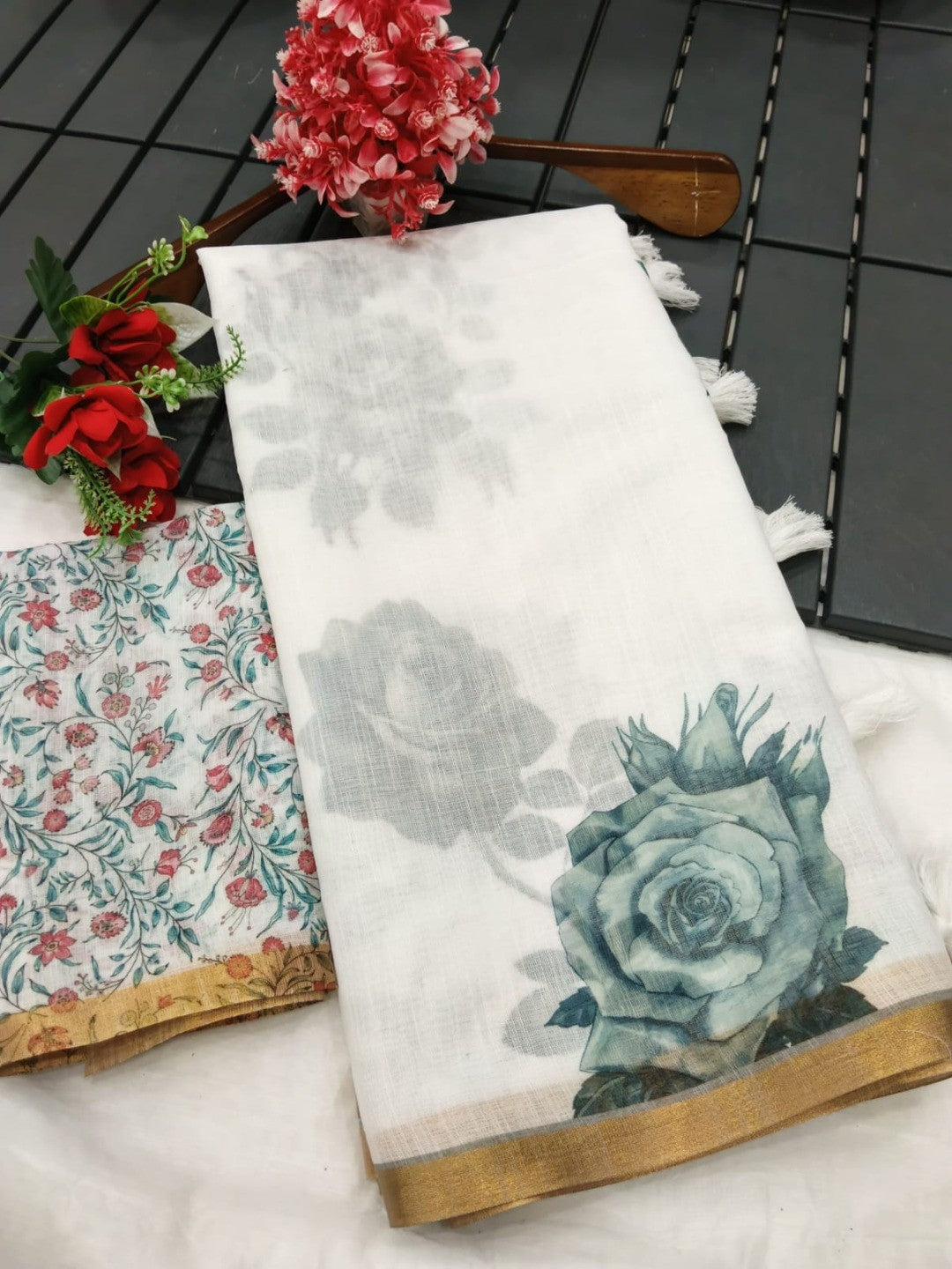 Elegant White Linen Saree with Floral Print and Golden Border