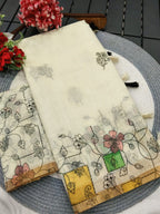 Classic Cream Linen Saree with Floral Printed Border and Graceful Feminine Appeal