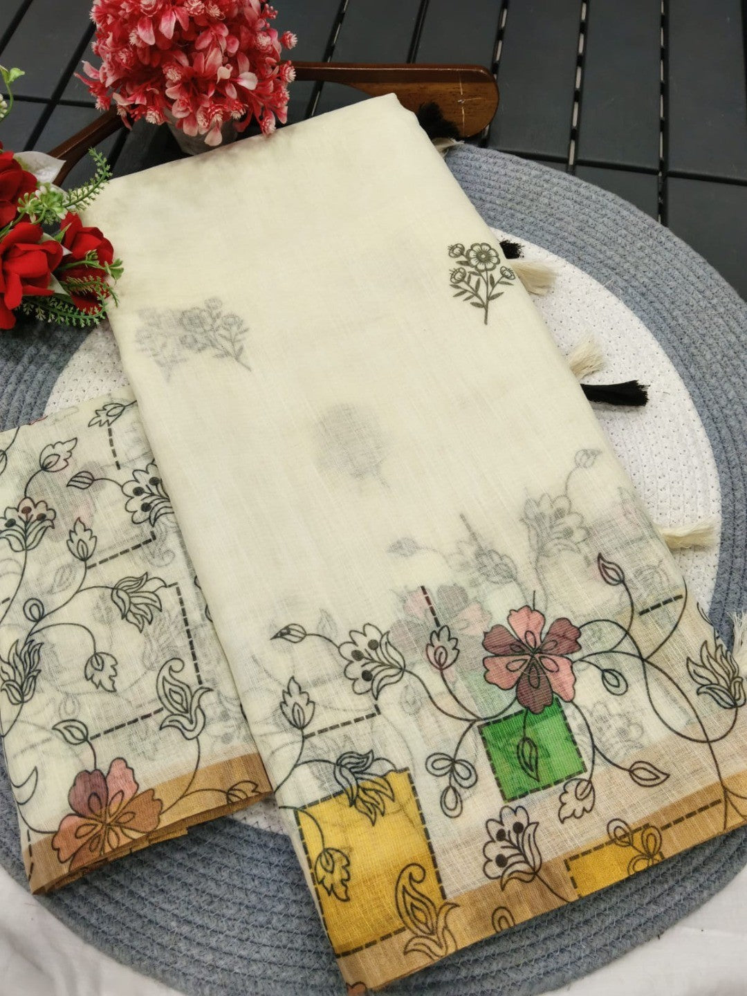 Classic Cream Linen Saree with Floral Printed Border and Graceful Feminine Appeal