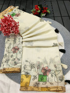 Classic Cream Linen Saree with Floral Printed Border and Graceful Feminine Appeal
