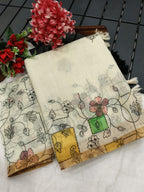 Classic Cream Linen Saree with Floral Printed Border and Graceful Feminine Appeal