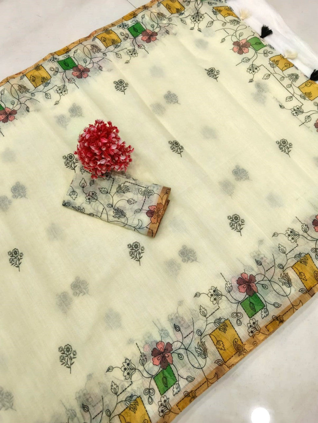 Classic Cream Linen Saree with Floral Printed Border and Graceful Feminine Appeal