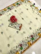 Classic Cream Linen Saree with Floral Printed Border and Graceful Feminine Appeal