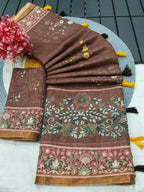 Graceful Brown Linen Saree with Beautiful Floral Print Border