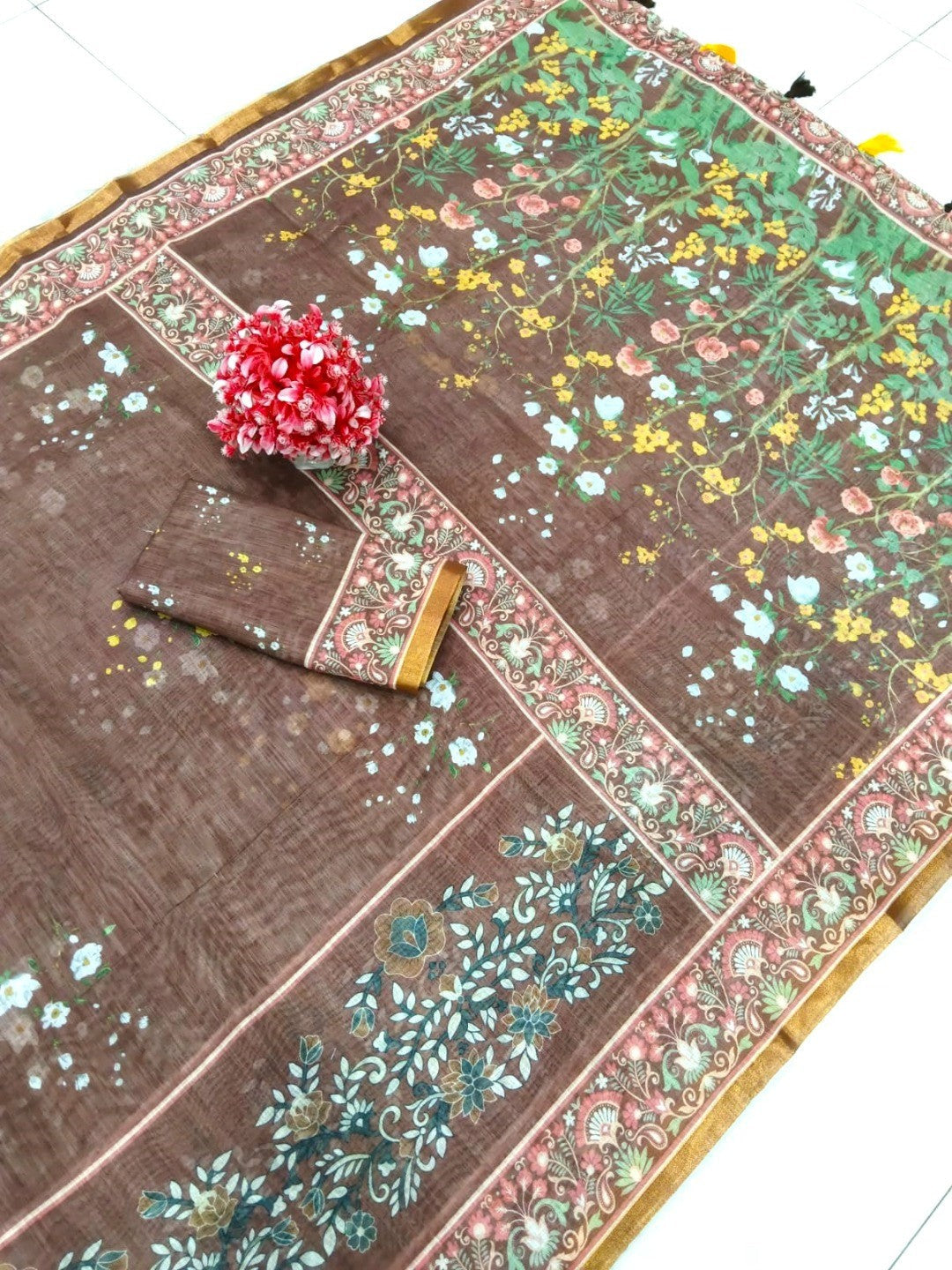 Graceful Brown Linen Saree with Beautiful Floral Print Border