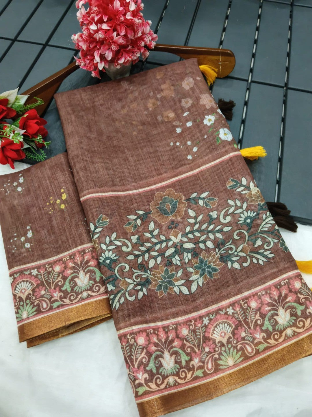 Graceful Brown Linen Saree with Beautiful Floral Print Border