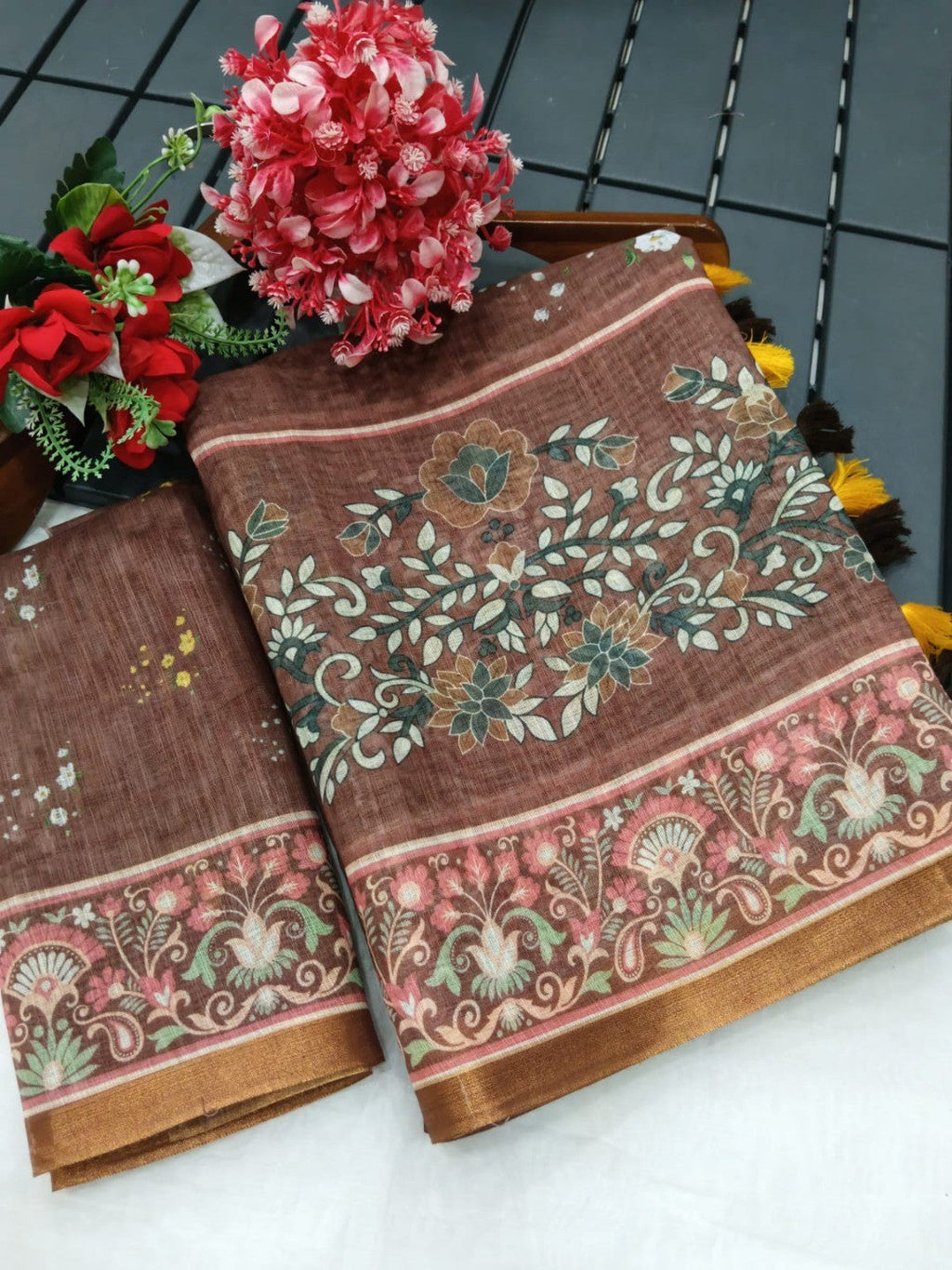 Graceful Brown Linen Saree with Beautiful Floral Print Border