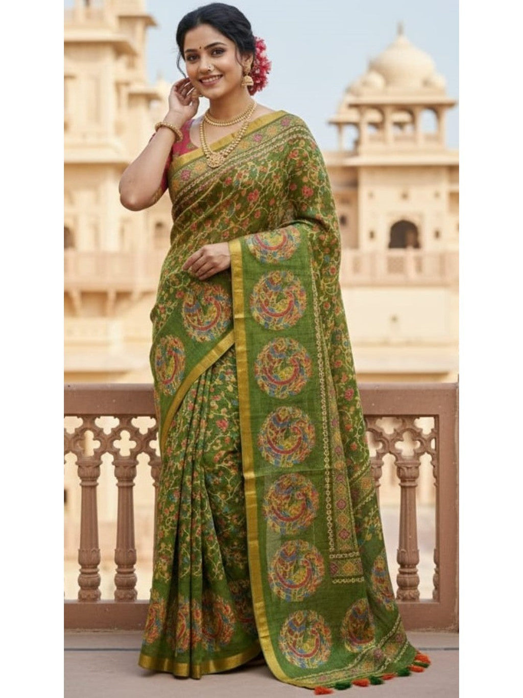 Graceful Green Linen Saree with Ethnic Printed Border Design