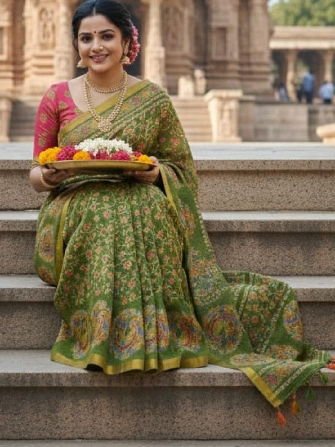 Graceful Green Linen Saree with Ethnic Printed Border Design