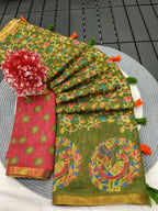 Graceful Green Linen Saree with Ethnic Printed Border Design