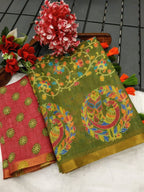 Graceful Green Linen Saree with Ethnic Printed Border Design