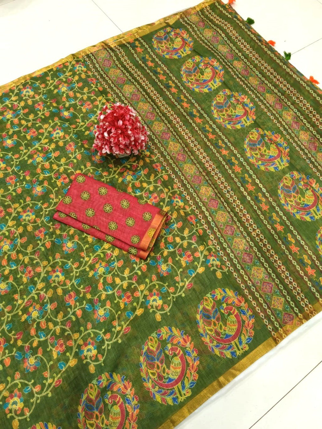 Graceful Green Linen Saree with Ethnic Printed Border Design