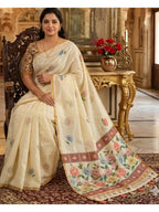 Elegant Cream Linen Saree with Floral Print and Golden Border