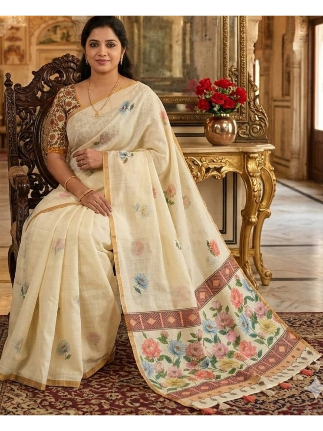 Elegant Cream Linen Saree with Floral Print and Golden Border
