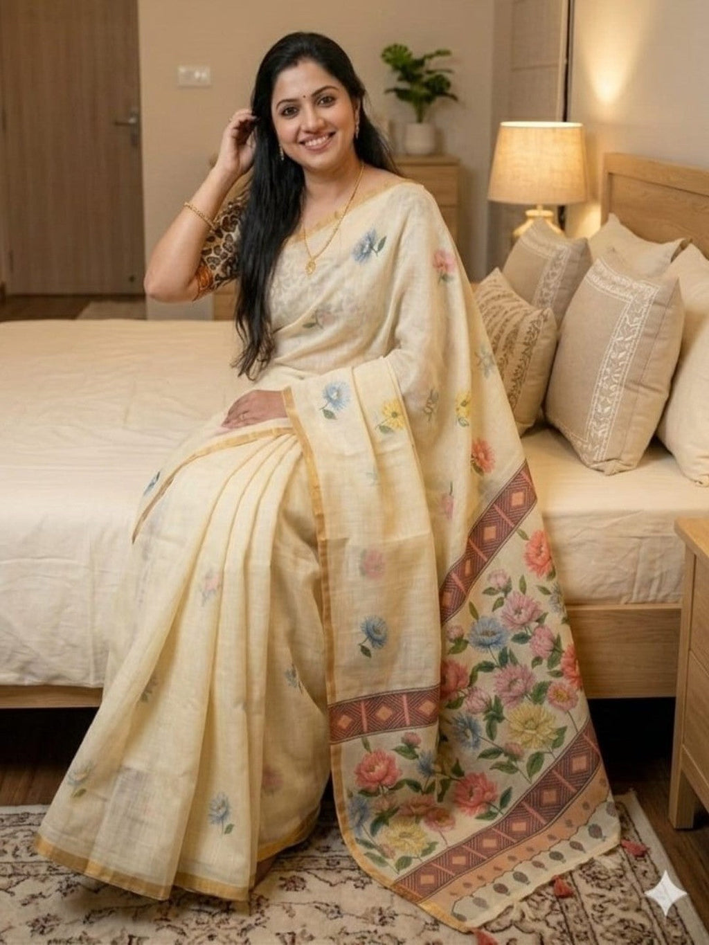 Elegant Cream Linen Saree with Floral Print and Golden Border